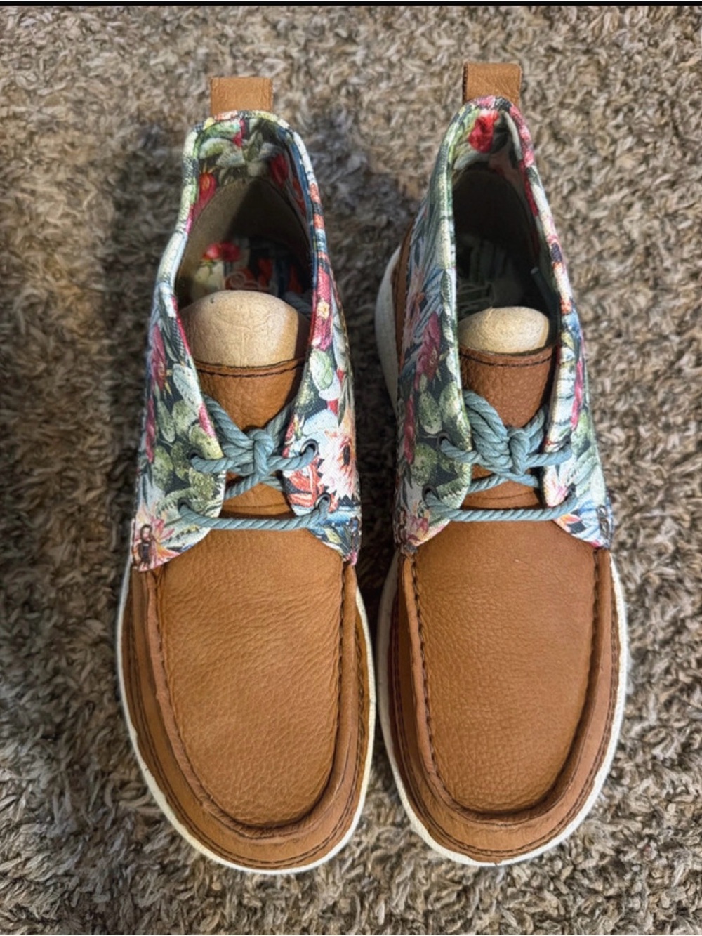 Justin Boots Tan Leather Moccasins with Floral Trim and Blue Laces